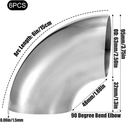 YOUEON 6 Pcs 2.5" 90° Exhaust Elbow Pipe, 304 Stainless Steel Mandrel Bend Elbow Thickness 16GA/0.06", Exhaust Pipe Tubing for Car Modified Exhaust System, Stair Handrail, Exhaust Application