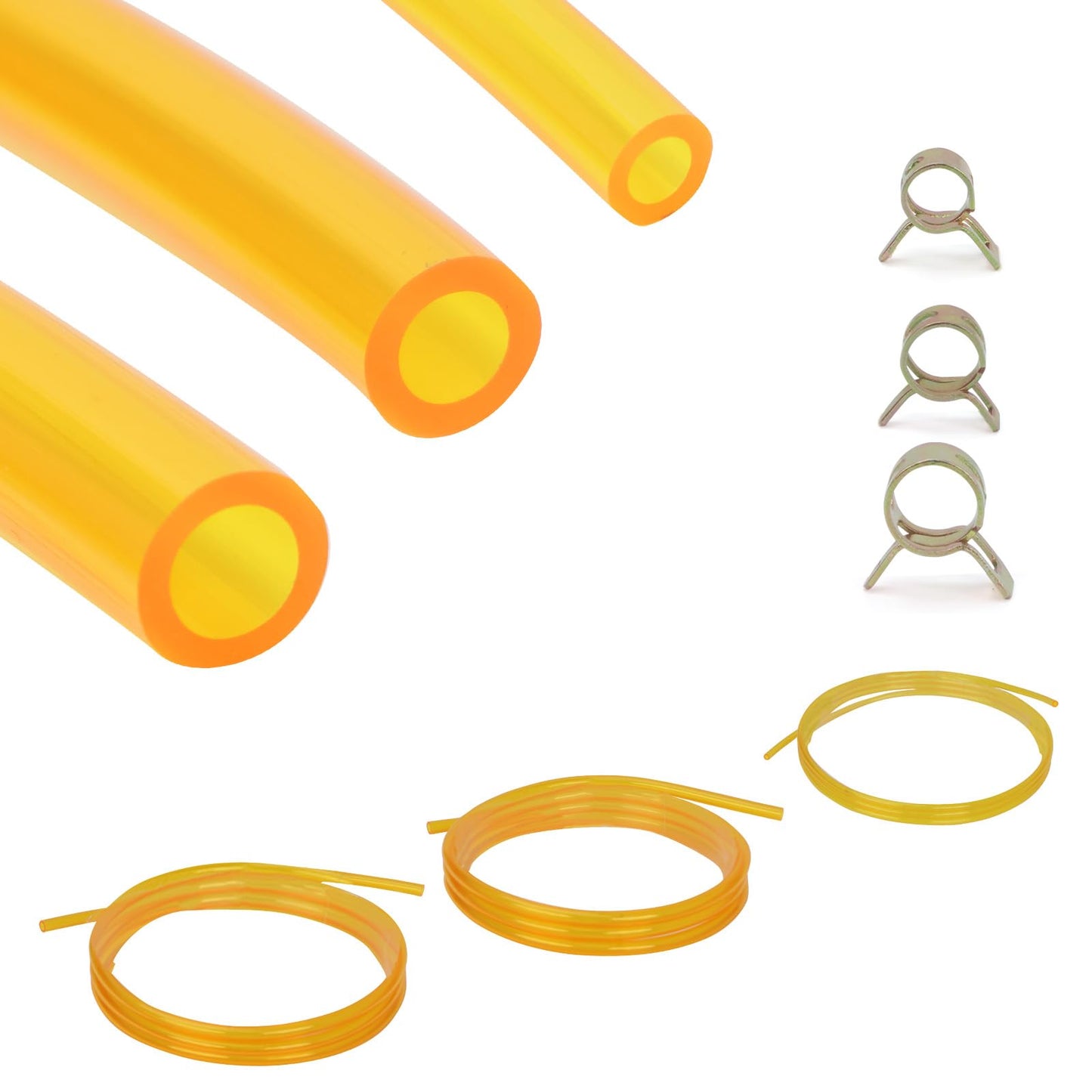 Premium TPU Fuel Line Kit 3 Sizes (3mm ID/5mm OD, 5mm ID/8mm OD, 6mm ID/9mm OD), 6.6ft Each, with 12 Steel Clamps, Universal Gas Diesel Fuel Hose for Lawn Mower Chainsaw Small Engines