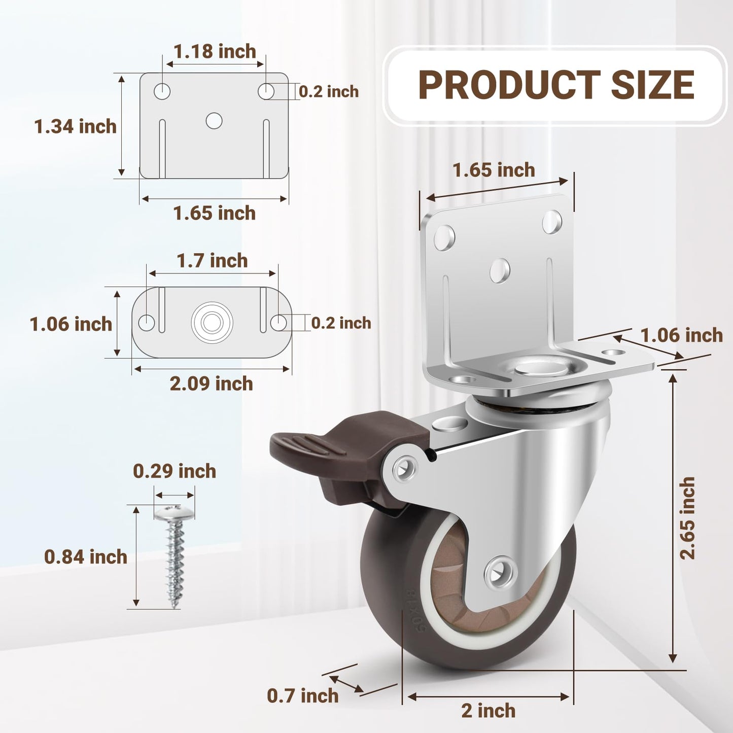 Nefish Side Mount Casters 2 Inch L-Shaped Small Rubber Caster Set of 4 with Load Capacity 600 LBS, Ball Bearing 360 Degree Plate Swivel Castors Wheel for Furniture, Baby Bed, Kitchen, Cabinet, Table