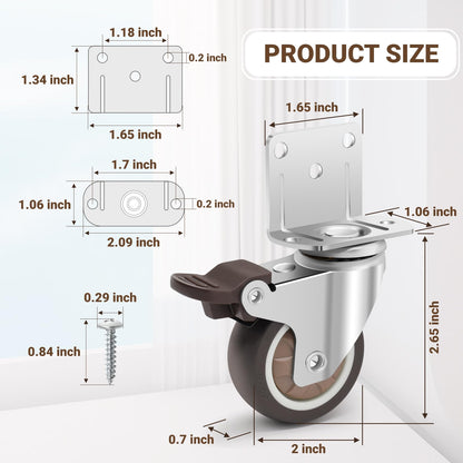 Nefish Side Mount Casters 2 Inch L-Shaped Small Rubber Caster Set of 4 with Load Capacity 600 LBS, Ball Bearing 360 Degree Plate Swivel Castors Wheel for Furniture, Baby Bed, Kitchen, Cabinet, Table