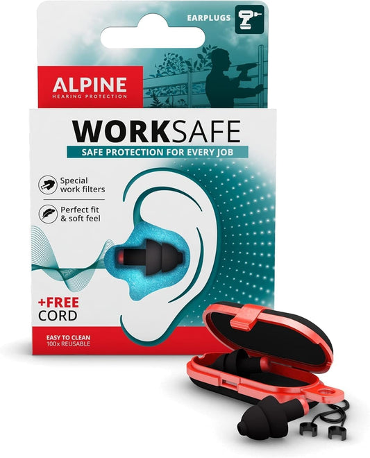 Alpine WorkSafe Construction Earplugs for Adult - Reusable Ear Protection for Work & DIY - Comfortable Hypoallergenic Filter for Noise Reduction - 23dB - With Safety Cord