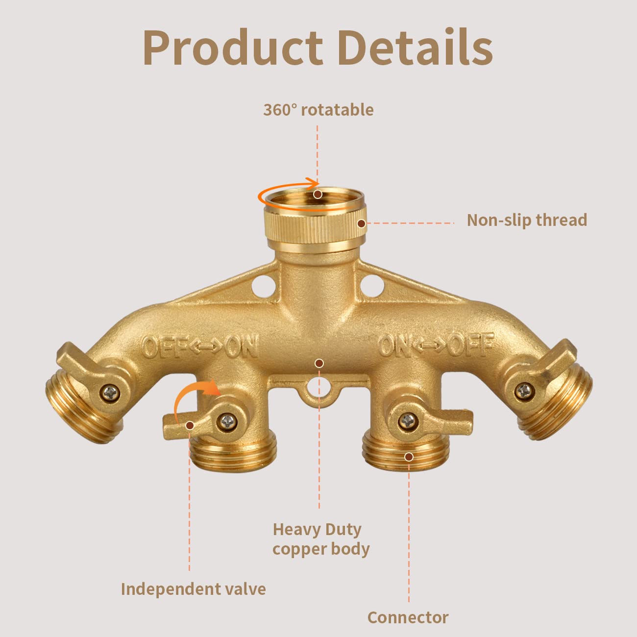Garden Hose Splitter 4 Way, 3/4" Water Splitter with 8 Gaskets and 1 Seal Tape, 4 Way Independent Valve Heavy Duty Brass Body Garden Hose Connector for Gardens, Home Life, Household Use