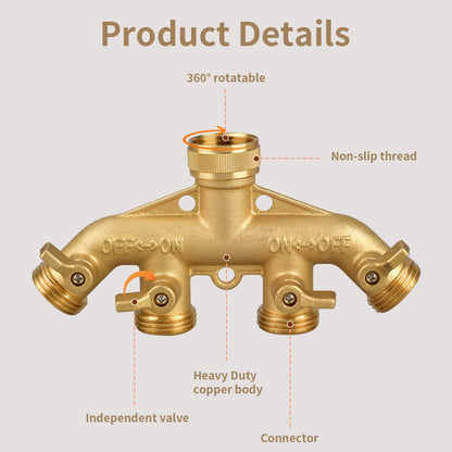 Garden Hose Splitter 4 Way, 3/4" Water Splitter with 8 Gaskets and 1 Seal Tape, 4 Way Independent Valve Heavy Duty Brass Body Garden Hose Connector for Gardens, Home Life, Household Use