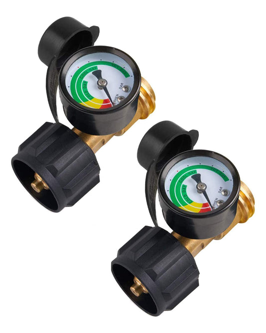 SHINESTAR Upgraded Propane Tank Gauge for 5-20 lb Propane Tank with QCC1 Connection, Accurate Gas Level Indicator, Perfect for BBQ and RV Camper, Easy to Install, 100% Solid Brass (2-Pack)