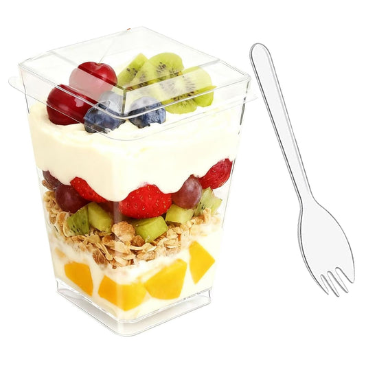 Toowood 50pcs Clear Dessert Cups with Lids and Spoons, 5.4oz Dessert Cups, Mini Cups Reusable Square Parfait Cup for Party Appertizer, Christmas