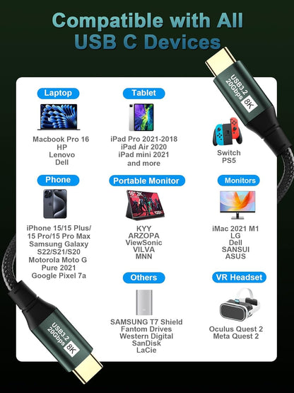 KAKAPOZO USB C to USB C 3.1 Gen 2 Cable-10FT-20Gbps Data Transfer-8K@60Hz Video Output Monitor Cable-100W PD Fast Charging USB C to USB C Display Cable-Type C to Type C