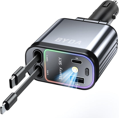 4 in 1 Retractable Car Charger with Starry Light,69W USB-C Fast Car Charger, for iPhone 17/16/15/14/13/12/11, Android,Pixel,Cigarette Lighter Charger (Grey, Light-ning+USB-C (Starry))
