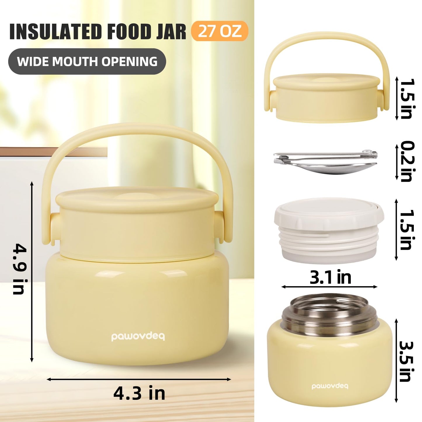 Pawovdeq Thermo Insulated Food Jar - Leak-Proof Lunch Container for Hot Soup & Meals (yellow, 17 oz)