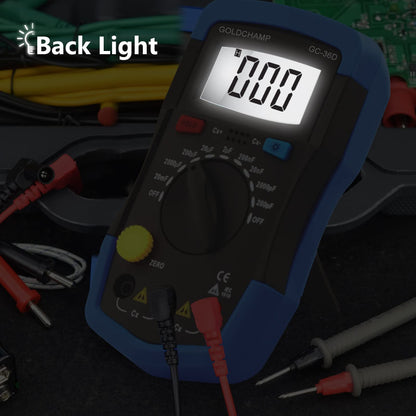 GOLDCHAMP Capacitance Meter Digital Multimeter 200pF-20mF Meter Capacitor Handheld Multimeter Tester with Multi Testers Manual Range Measure Tool, Back Light, Data Hold