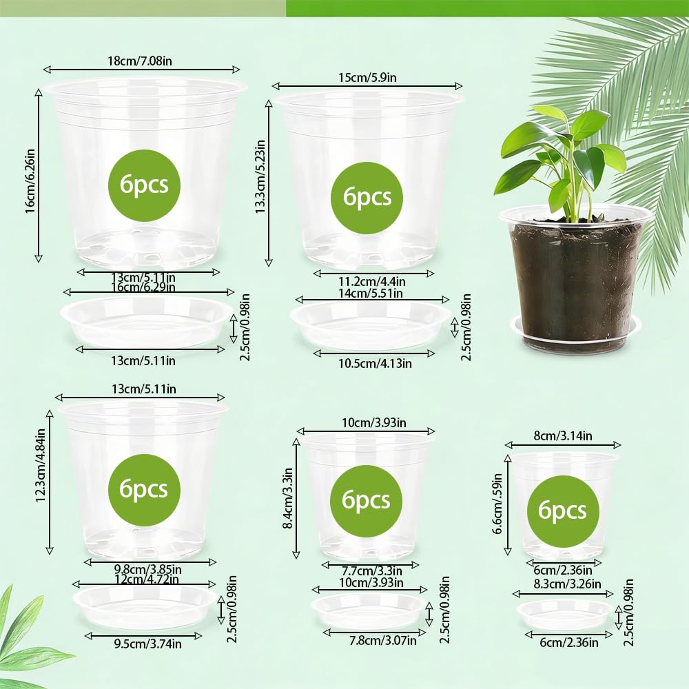 30 Pcs 3/4/5/6/7 Inch Clear Nursery Pots Plastic Plant Pots Clear Plant Pots with Drainage Nursery Pot for Seed Starting Succulents Seedlings Cuttings (30, Transparent, 3/4/5/6/7 Inch)