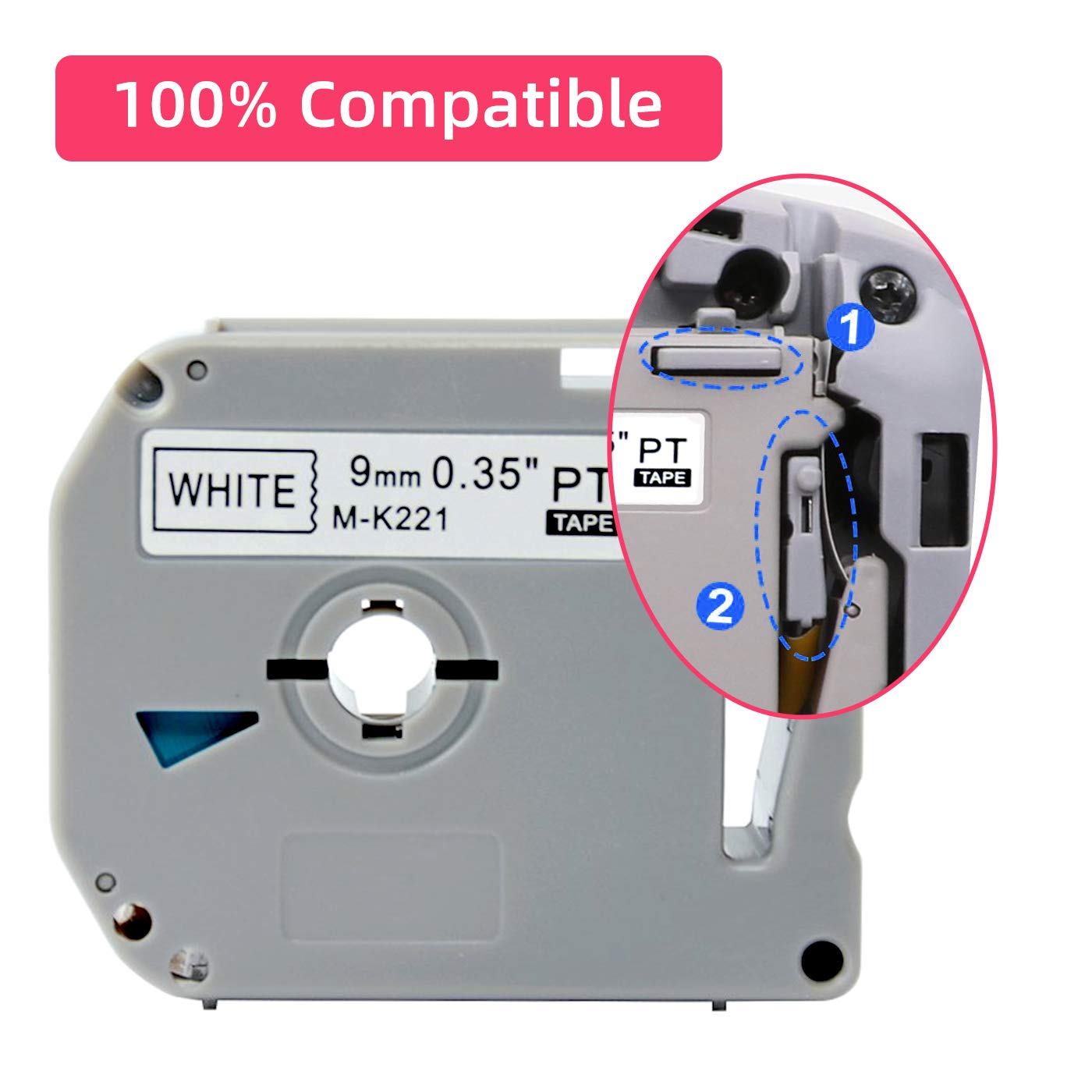 MK221 P Touch 9mm, M Tape M-K221 Label Tape Compatible with Brother PTouch PTM95 PT-65 PT-90 PT-70 PT-80 Label Maker (Black on White, 3/8" x 26.2 ft, 5-Pack)