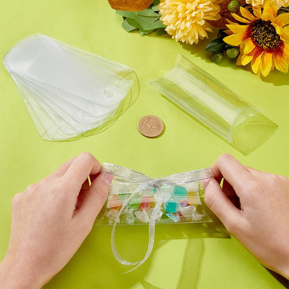 BENECREAT 50 Pack PVC Plastic Pillow Box, 4x2.4x1 Inch Clear Gift Packaging Boxes, Candy Treat Favors Box for Weddings Festival Party Storage Packing