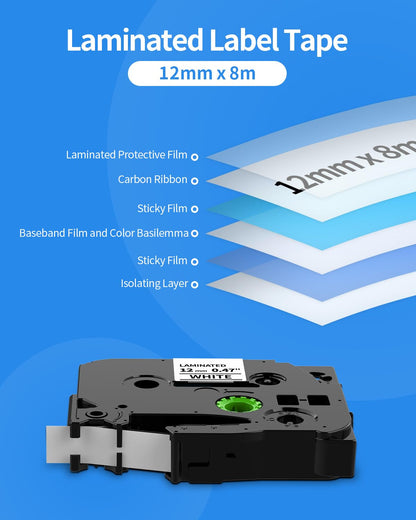 5PK Tze-231 PTH110 D210 Label Maker Tape 12mm Compatible with Brother P Touch Label Tape 12mm Tze231, Compatible for Brother P-Touch PT-D200 D220 D400AD H110 H200BP D600 1230, Tze Tz 12 mm 0.47 White