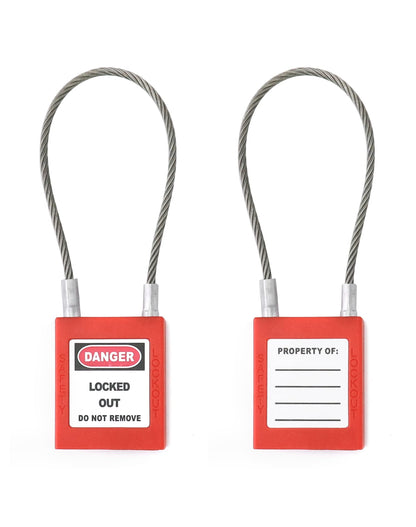 QWORK 4 Pack Lockout Tagout Steel Cable Locks with 8 Keys, Compact Cable Padlock, Red Keyed Different Electrical Lockout Padlock Set