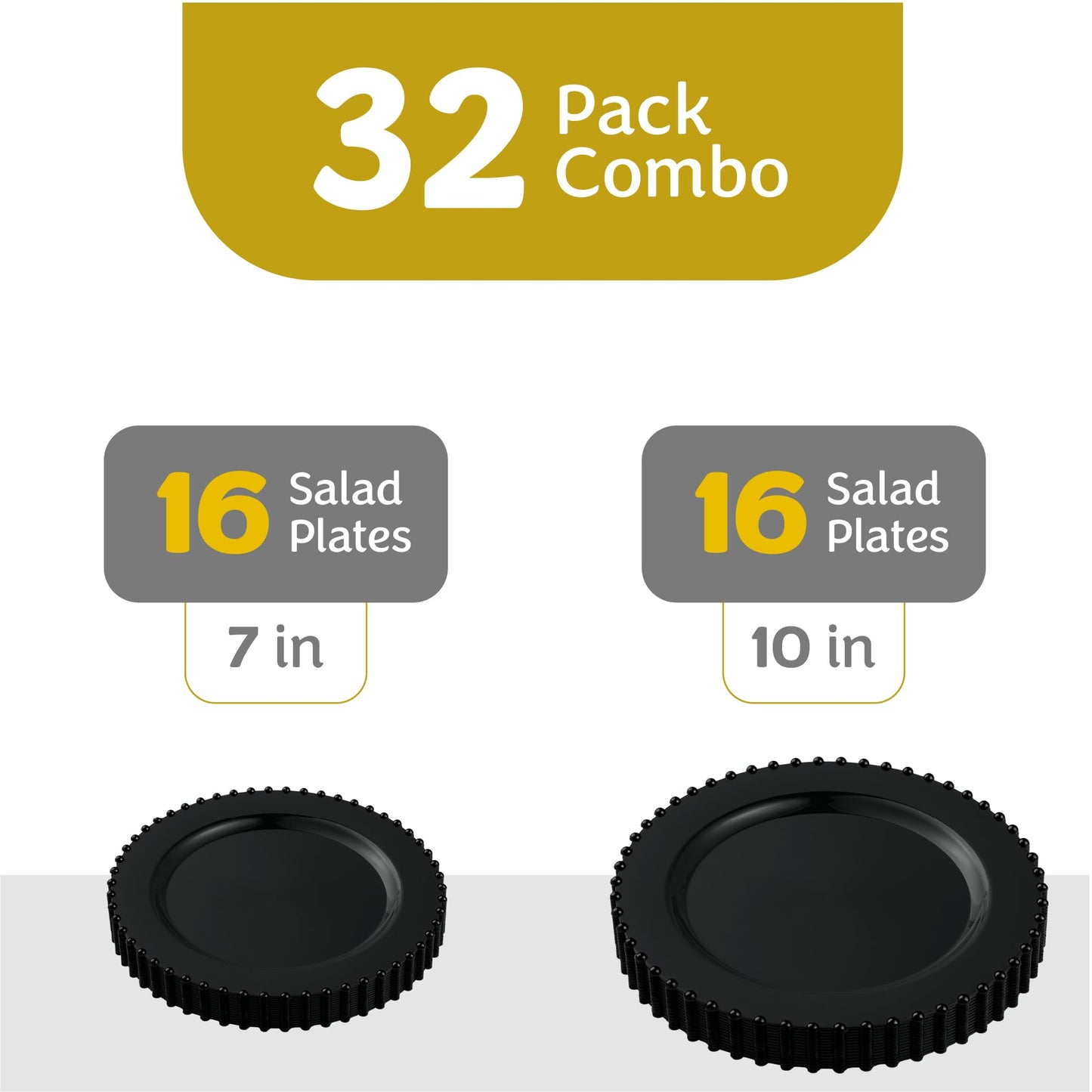PLASTICPRO 32 Piece Combo Plastic Dinner Plates Disposable Plastic Fancy Heavy Duty Party Dishes 7 inch and 10 inch, Black Beaded