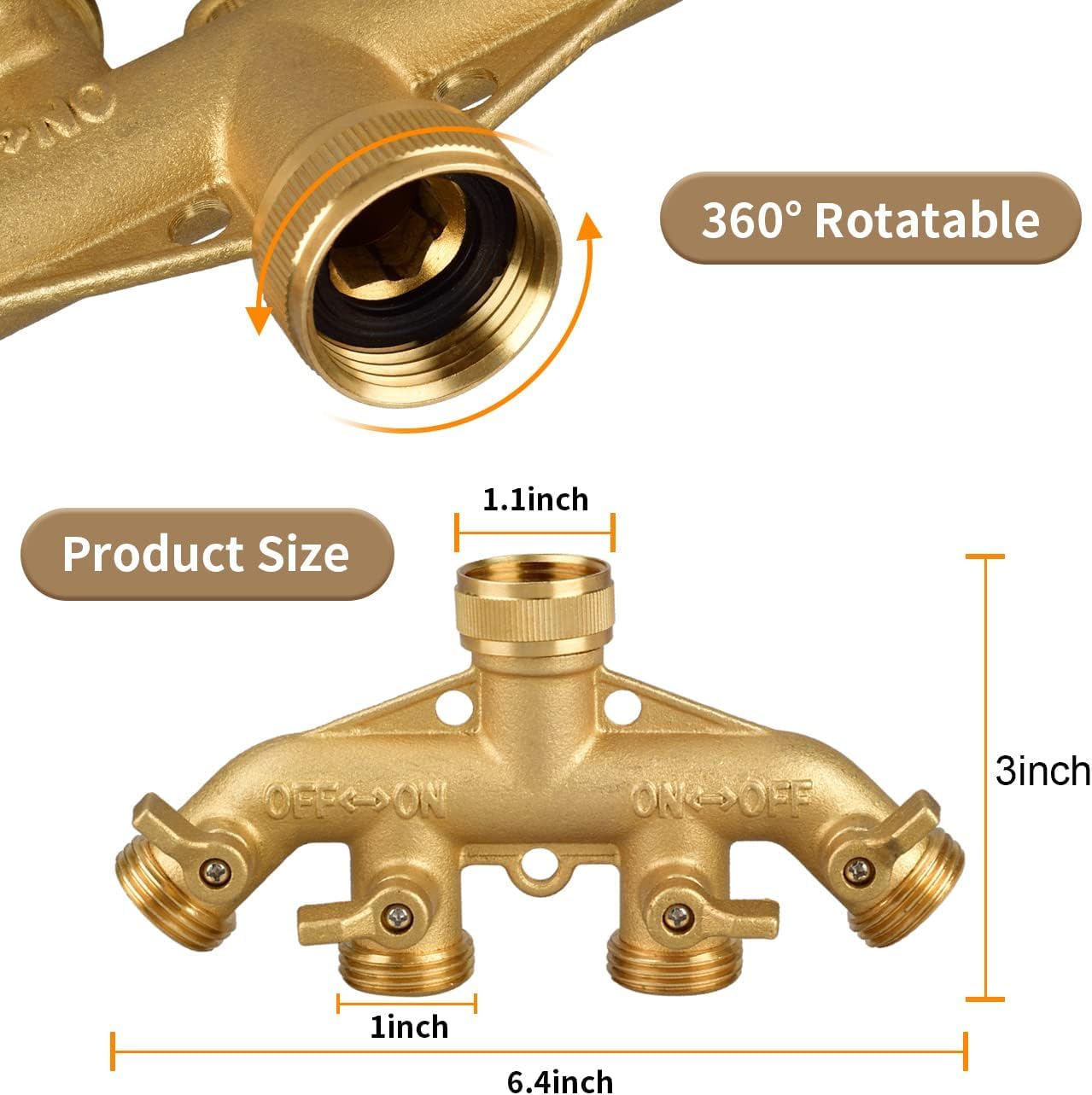 4 Way Garden Hose Splitter, 3/4" Heavy Duty Solid Brass Hose Connector with 4 Valves, 8 Gaskets +1 Seal Tapes, Hose Spigot Adapter for Garden/Home Life/Household Use