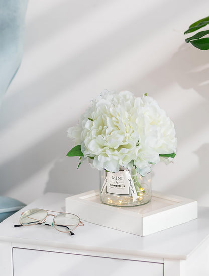BLOSMON White Fake Flowers with Vase: Small Coffee Table Decor Bathroom Hydrangea Faux Flowers in Vase Office Desk Shelf Home Living Room Bedroom Vanity nightstand Decorations Floral Arrangement