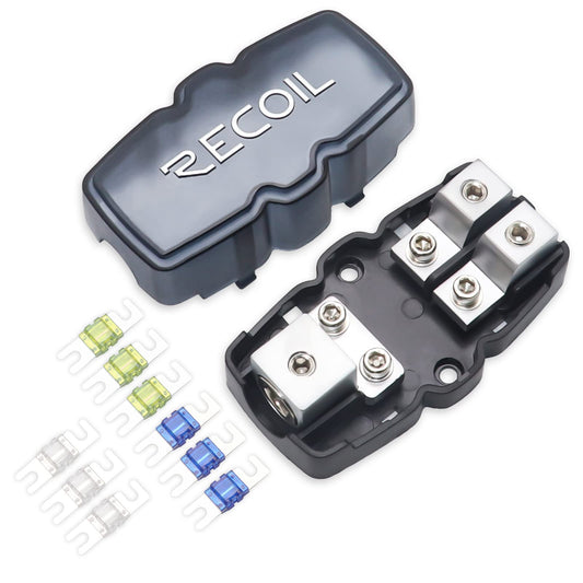 Recoil MFH12 2 Way Mini-ANL Fused Distribution Block, 1 X 0/2/4 Gauge in / 2 X 4/8 Gauge Out Fused Distribution Block with 60A, 80A, 100A Fuses, Solid Brass for Maximum Power Transfer