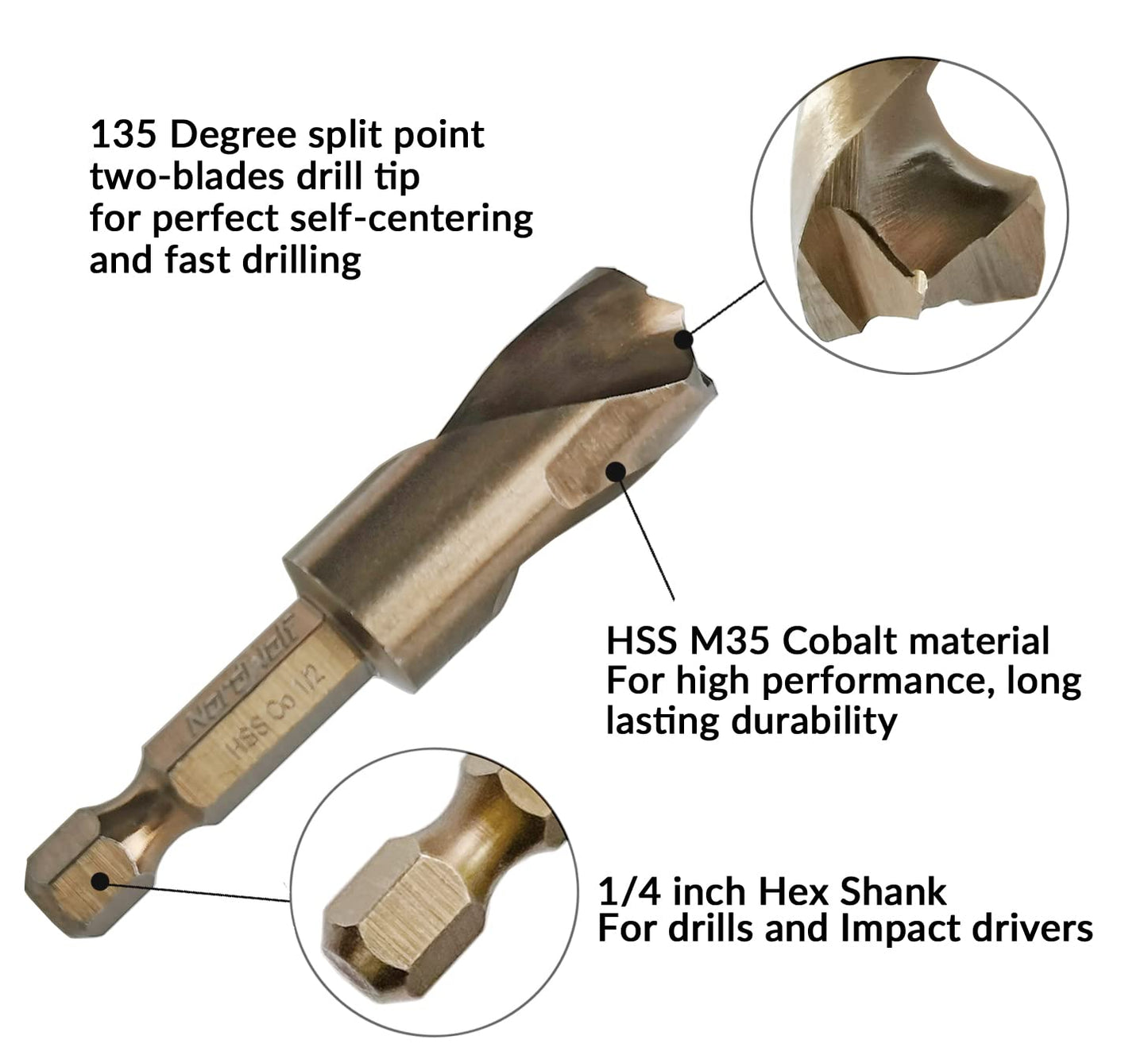 NordWolf 1/2" M35 Cobalt Stubby Drill Bit for Stainless Steel & Hard Metals, with 1/4" Hex Shank for Quick Chucks & Impact Drivers