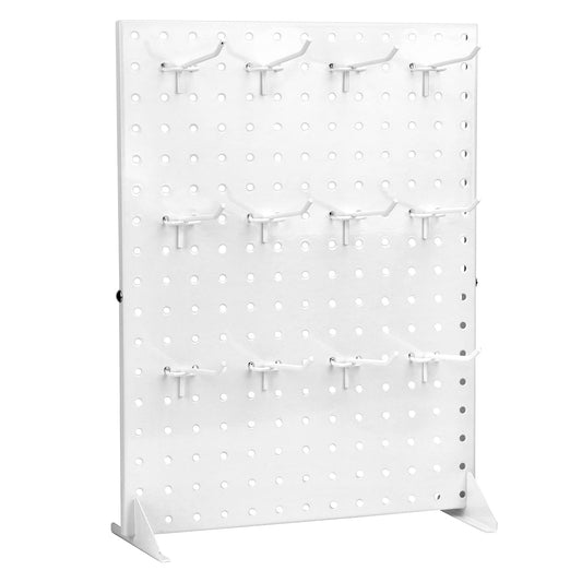 QWORK White Steel Peg Board Display Stand with 12 Hooks Included for Jewelry, Ornaments & Keychains