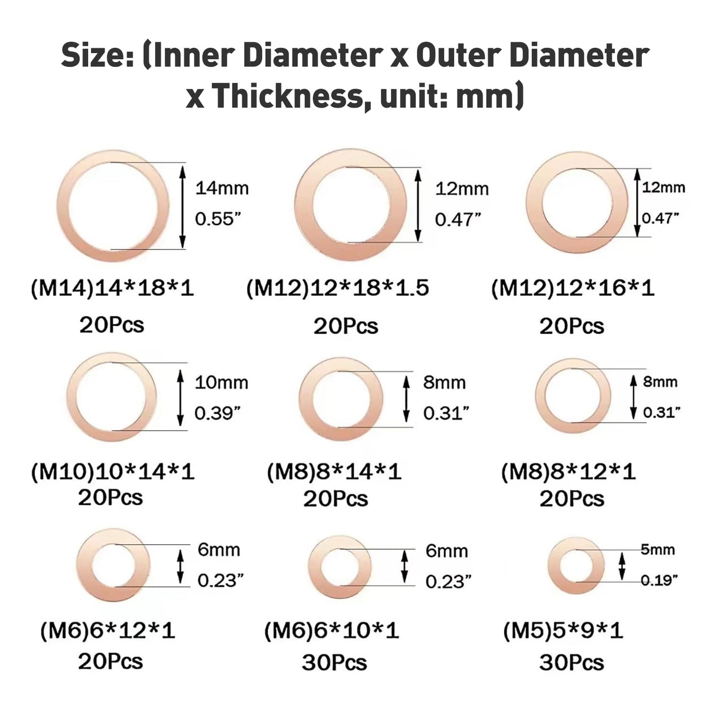 200Pcs Oil Drain Plug Gaskets, 9 Sizes Red Copper Crush Washer Gasket Drain Plug Washer, Automotive Flat Sealing Gasket Rings Spacer Seal Assortment Set, M5 M6 M8 M10 M12 M14
