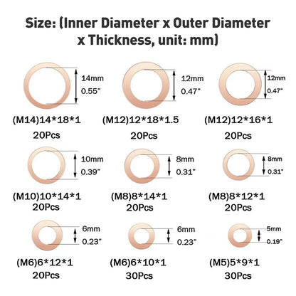 200Pcs Oil Drain Plug Gaskets, 9 Sizes Red Copper Crush Washer Gasket Drain Plug Washer, Automotive Flat Sealing Gasket Rings Spacer Seal Assortment Set, M5 M6 M8 M10 M12 M14