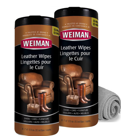 Weiman Leather Wipes - 2 Pack with Microfiber Cloth - Clean Condition UV Protection Help Prevent Cracking or Fading of Leather Couches Car Seats Shoes
