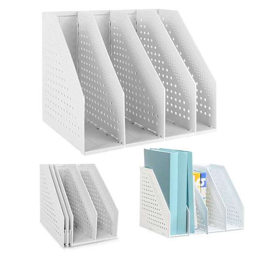 SAYEEC Desktop File Magazine Folder Holder 4 Section Plastic Hollow Documents Foldable Organizer File Cabinet Shelf Frames Dividers Rack Display and Storage (White)