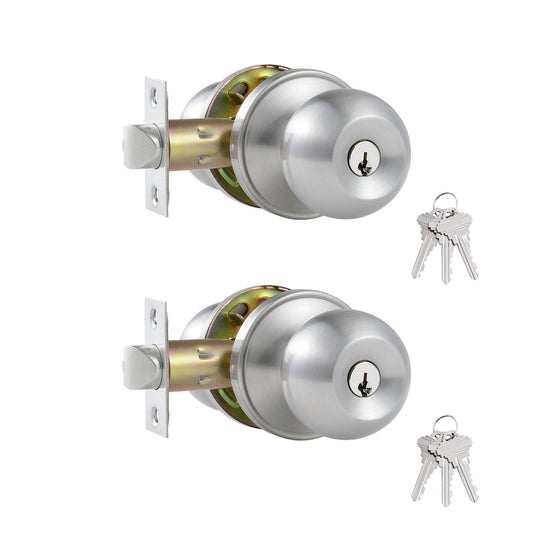 Comfhouse 2 Pack Stainless Steel Round Ball Entry Door Knob, Keyed-Alike Entrance Interior/Exterior Door Knob with Lock for Bedroom Bathroom, Front Entry Door Knobs with Lock Same Key, Satin Nickel