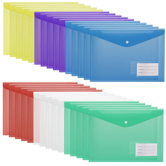 30 pcs Plastic File Folders, Letter Size / A4 Size File Organizer Waterproof Clear File Envelopes for School Home Work Office, 6 Color Folders for Documents