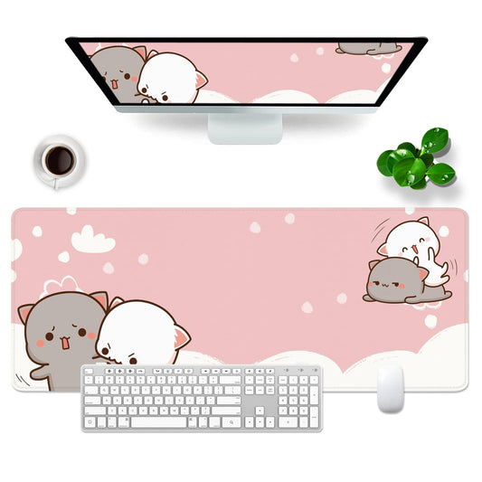 Pink Mouse Pad Cute Cat Large Gaming Mouse Pad Kawaii Keyboard Pad XL Desk Mat 31.5x11.8 inch Large Desk Pad Mouse Mat Pink Office Desk Accessories (Pink Cat -2)