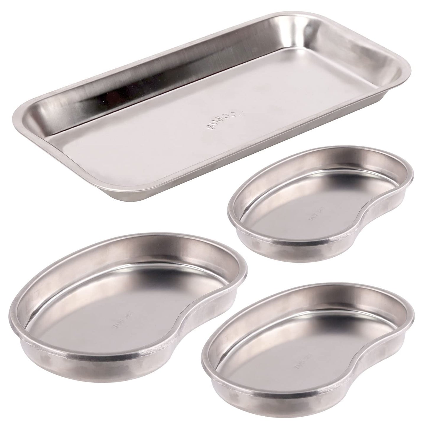 Swpeet 4Pcs 304 Stainless Steel 2 Shapes Square and Kidney Surgical Tray Assortment Kit, Metal Instrument Tray Dental Procedure Lab Instruments for Medical Instruments, Tattoo, Flat Bottom Tray