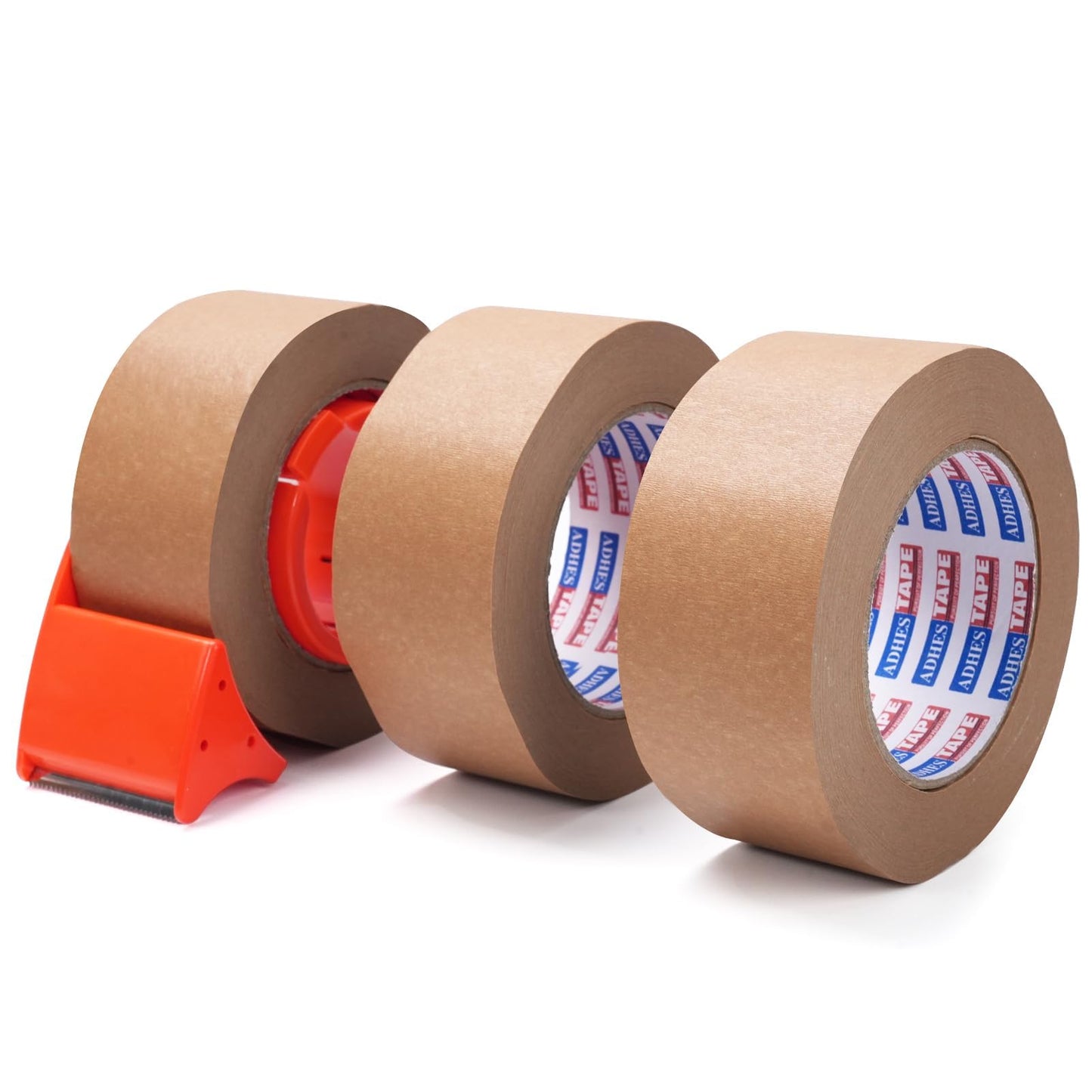 ADHES Kraft Paper Tape with Dispenser, 2 in x 55 yds x 3 Rolls – Eco Friendly Brown Packing Tape, Strong Adhesive, Easy Cut Tape Dispenser for Shipping, Moving & Packaging