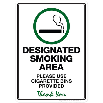 Designated Smoking Area Please Use Cigarette Bins Provided Sign, 10x14 Inches, Rust Free .040 Aluminum, Fade Resistant, Made in USA by My Sign Center