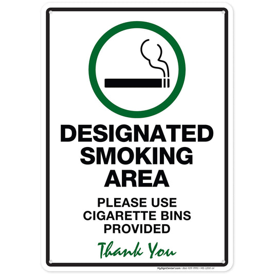Designated Smoking Area Please Use Cigarette Bins Provided Sign, 10x14 Inches, Rust Free .040 Aluminum, Fade Resistant, Made in USA by My Sign Center
