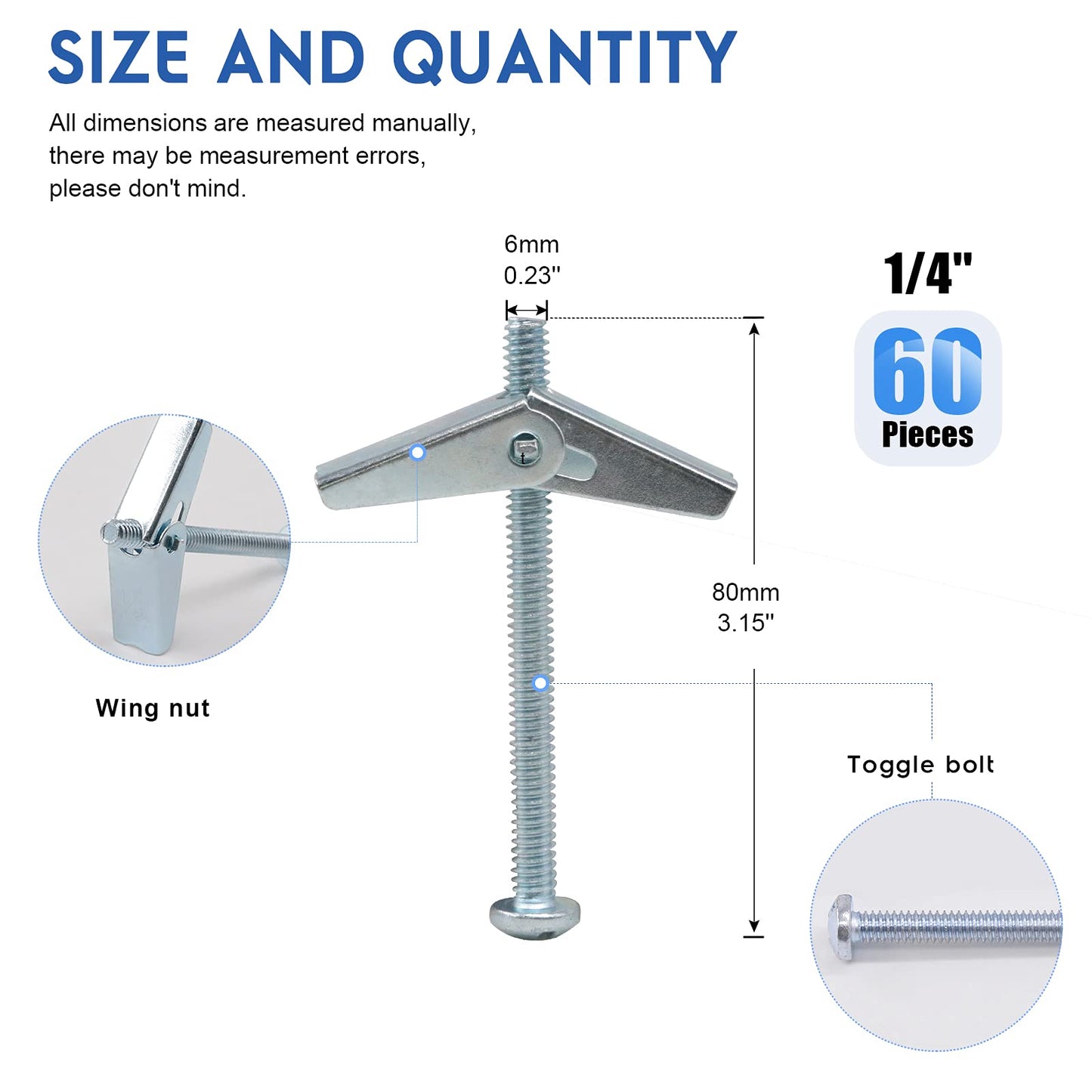 Glarks 60Pcs 1/4'' Zinc Plated Steel Round Head Toggle Bolt and Wing Nut for Hanging Heavy Items on Drywall (1/4'')