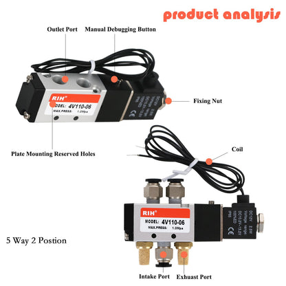 RIH Pneumatics Solenoid Valve 1/8" NPT 12V Single Coil Pilot-Operated Electric 5Way2Position 4V110