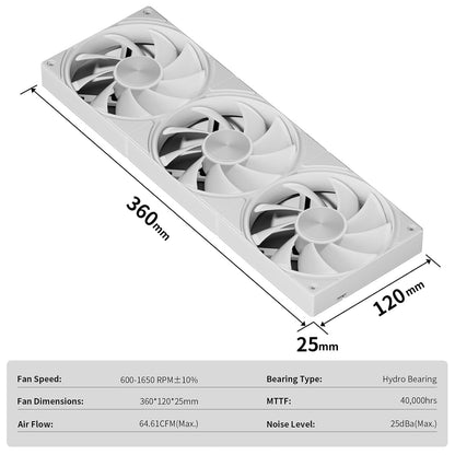 upHere U3T3-1650 pwm,High Performance Cooling Fan,4-Pin,1650 RPM (360mm,White)