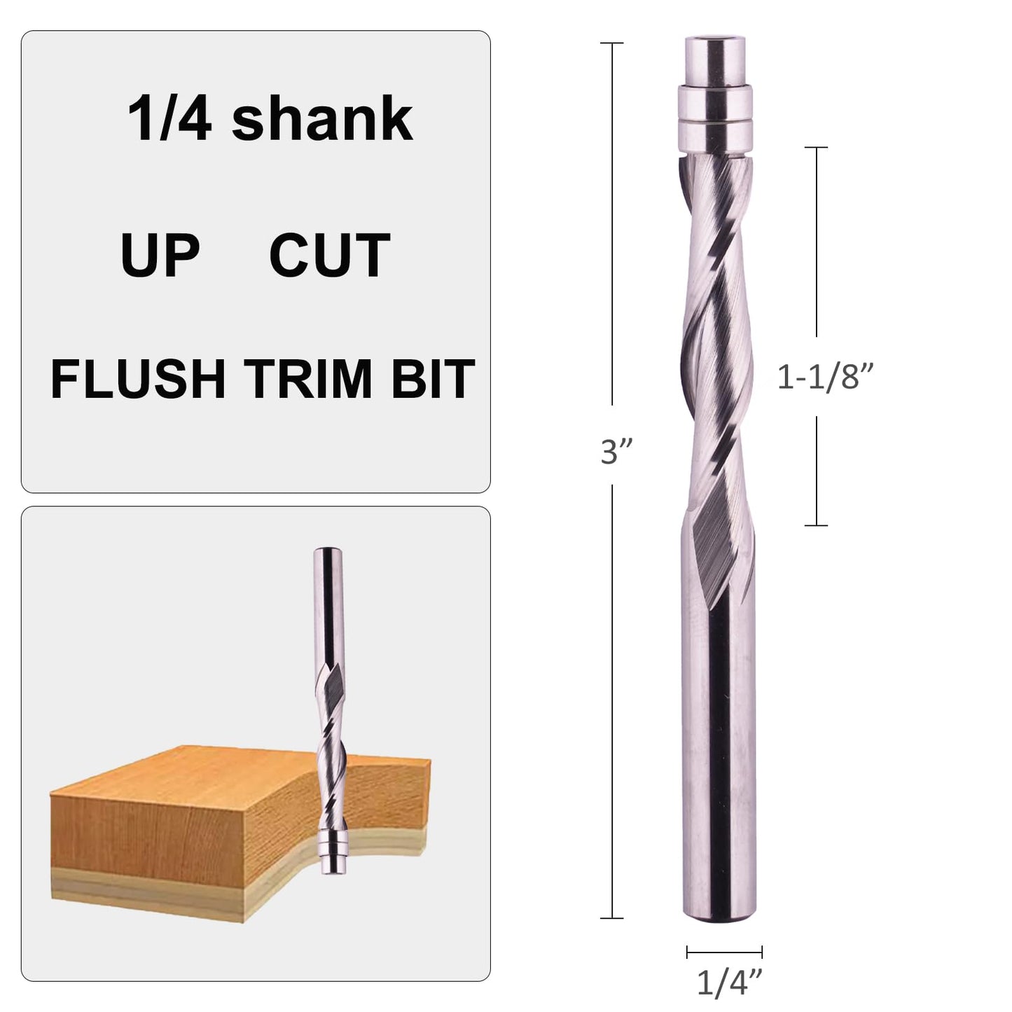 Jiiolioa SX2133 Spiral Flush Trim Router Bit 1/4-Inch Shank Up Cut Solide Carbide CNC Router Bits 1/4" x1-3/8"x1/4"x3"