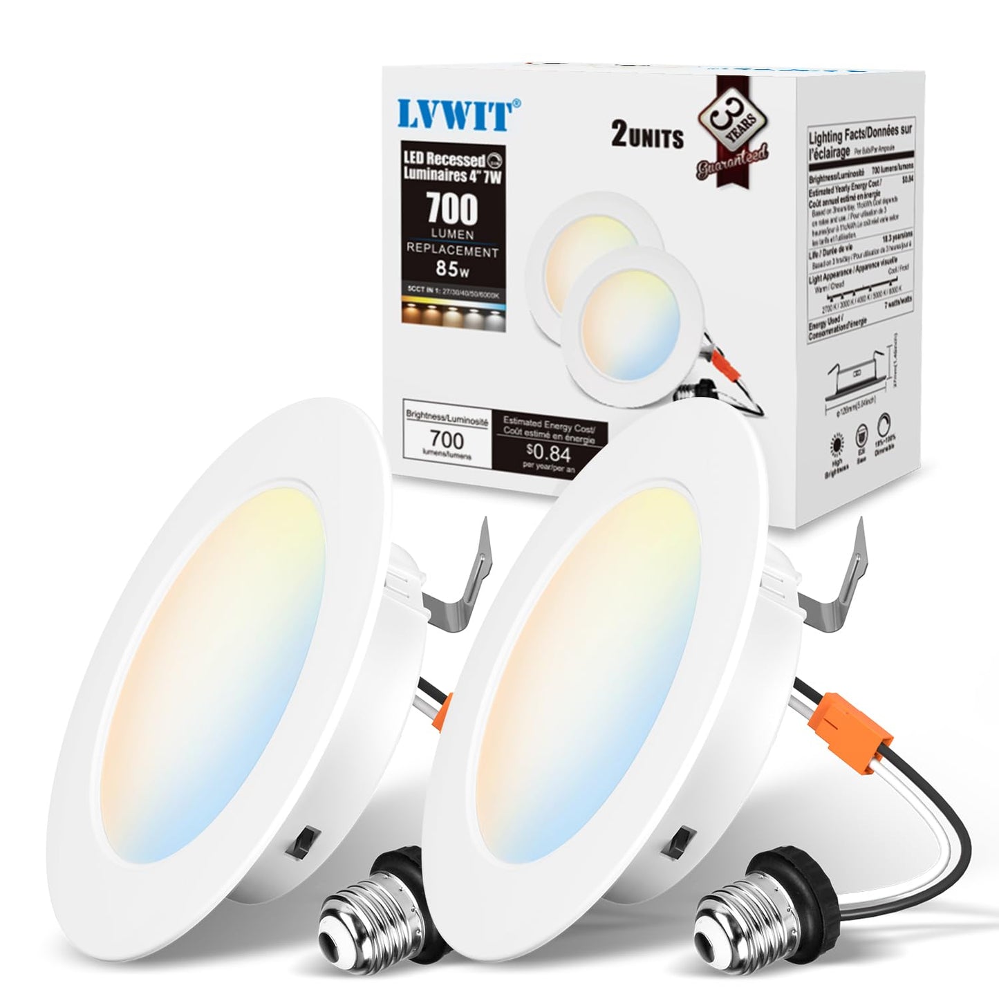 LVWIT 4 Inch 5CCT LED Downlight, 7W 700 Lumens Dimmable, IC Rated LED Recessed Lighting, 2 Pack (2700K/ 3000K/ 4000K/ 5000K/ 6000K- 5CCT)
