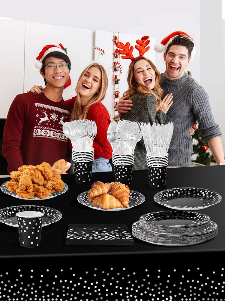 Nkaiso Paper Plates Napkins Cups Set, 141 Pieces Black and Silver Kids Birthday Party Tableware Party Supplies Set Includes Paper Plates Napkins Cutlery for Wedding Shower Engagement -20 Guests