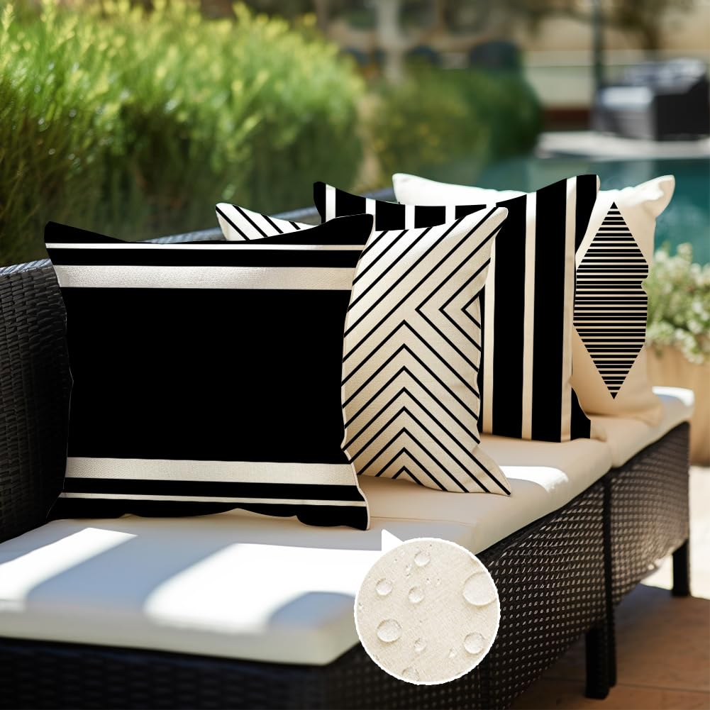 RABUSOFA Black and White Pillow Covers 18x18 Inch Set of 4,Outdoor Pillows Waterproof Boho Farmhouse Decroaions Cushion Cases for Sofa Couch Patio Furniture (03-B18)