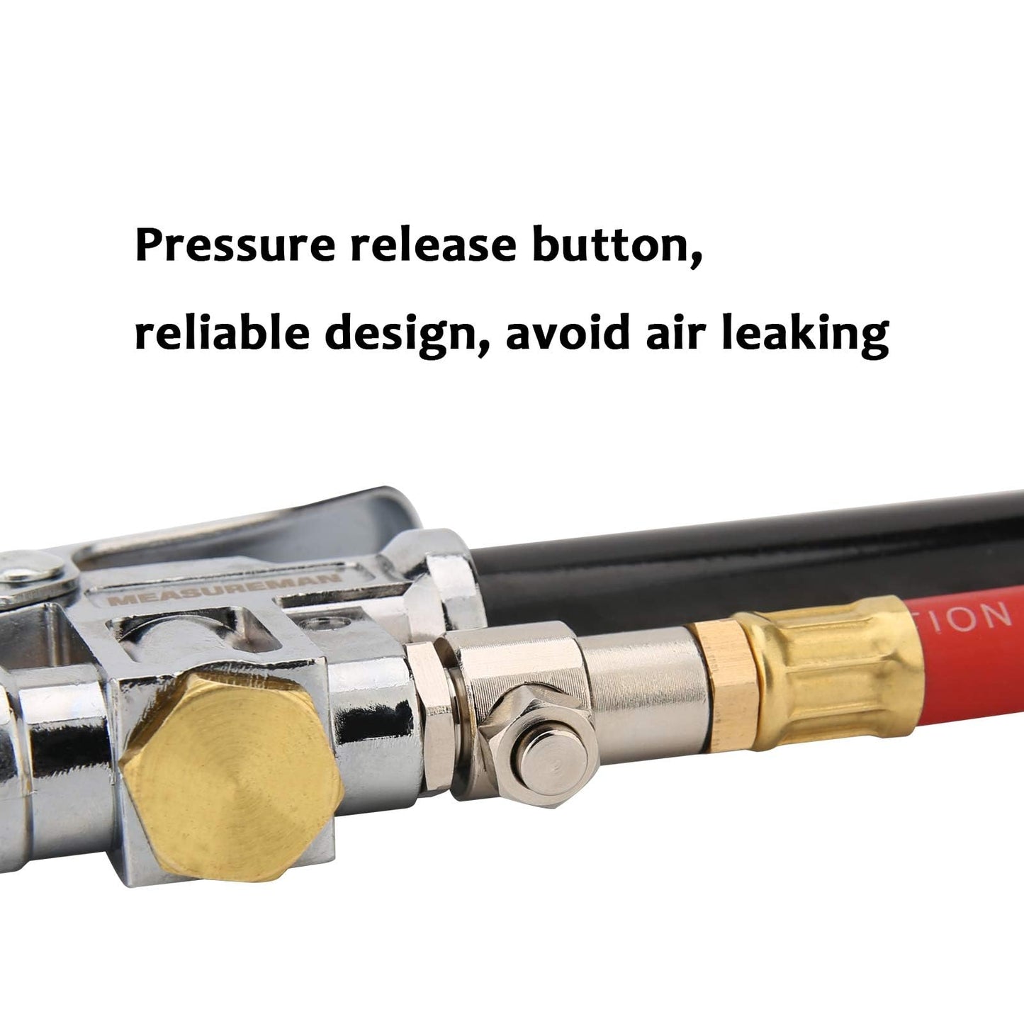 MEASUREMAN Heavy Duty Tire Inflator, Aluminum Body, 20" Red Hose, Clip On Air Chuck, Aluminum Slide, Range 10-130psi/kpa