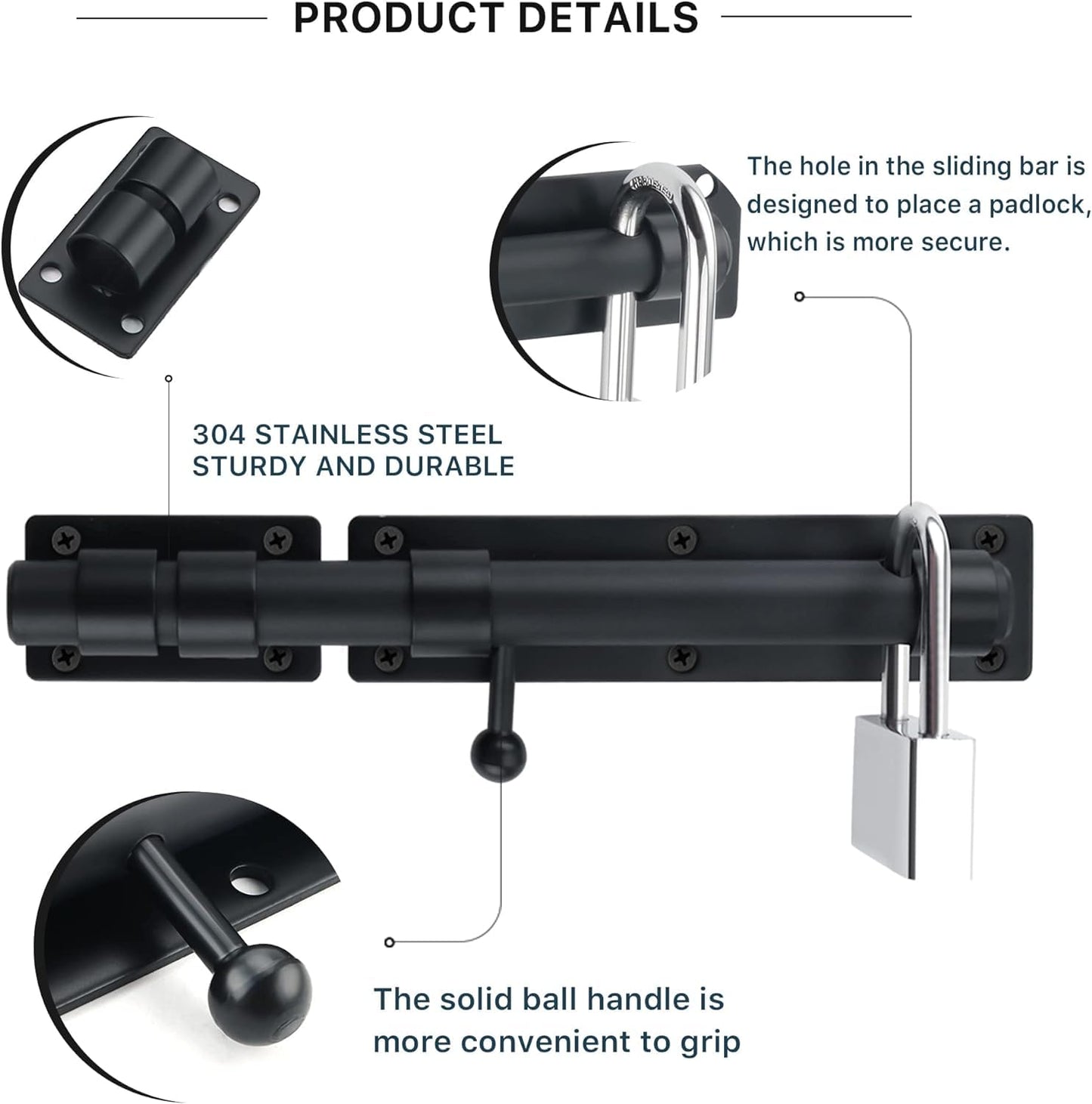 SAYAYO Sliding Bolt Gate Latch, 9 Inch Door Lock Latch Heavy Duty, Black Slide Bolt Latch with Padlock Hole，Stainless Steel Barrel Bolt Latch for Shed Lock Wooden Garden Gates