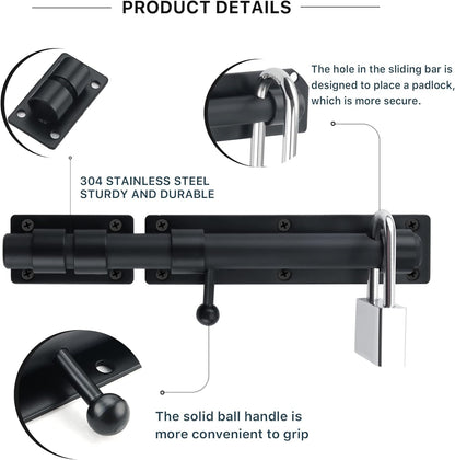 SAYAYO Sliding Bolt Gate Latch, 9 Inch Door Lock Latch Heavy Duty, Black Slide Bolt Latch with Padlock Hole，Stainless Steel Barrel Bolt Latch for Shed Lock Wooden Garden Gates