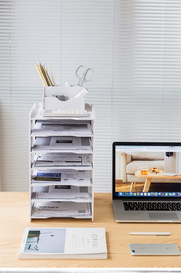 YHLZLW Paper Organizer for Desk,White Desk Organizers and Storage File Holder,Letter Tray and A4 Paper Holder for Office Home and School Classroom (Size：7-Tier)(White, 7-Tier)