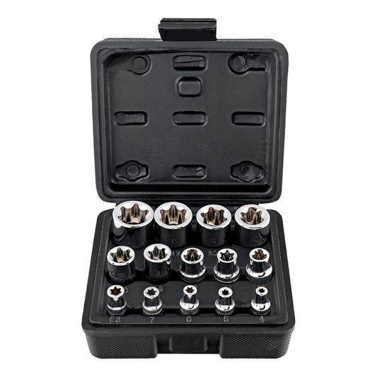 Female E Torx Socket Set with Case, 1/4, 3/8, 1/2 in. Drive E4-E24 External Torque Star Socket Kit, 14Pcs