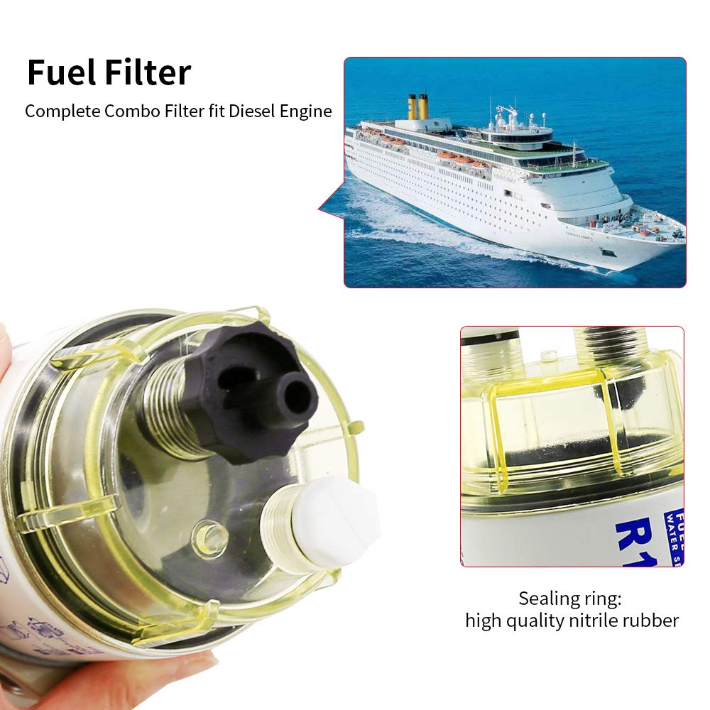 Anxingo R12T Fuel Filter Water Separator 120AT NPT ZG1/4-19 with 2 Fittings, 2 Plugs Complete Combo Filter for Marine Diesel Engine Lawn Mower