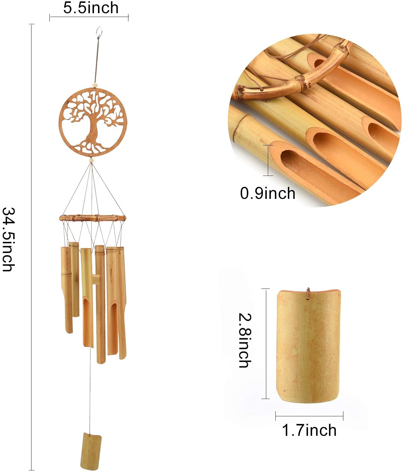 AUXSOUL Bamboo Wind Chimes, Wooden Windchimes Music Hanging Ornament Decoration for Outdoor, Indoor, Home, Garden, Patio, Porch, Yard, Farmland and Balcony(Tree of Life)