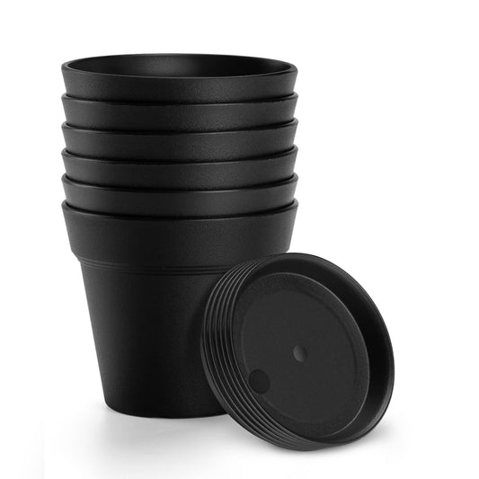 FHWTY 6 Pack Plastic Plant Pots with Drainage Holes and Tray, 7 inch Thickened Indoor Planters Seedlings Nursery Pots for Flowers, African Violet, Succulent and All House Plants, Black